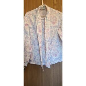 Vintage kitty bow collar tie blouse pastel floral silky career wear 14 L